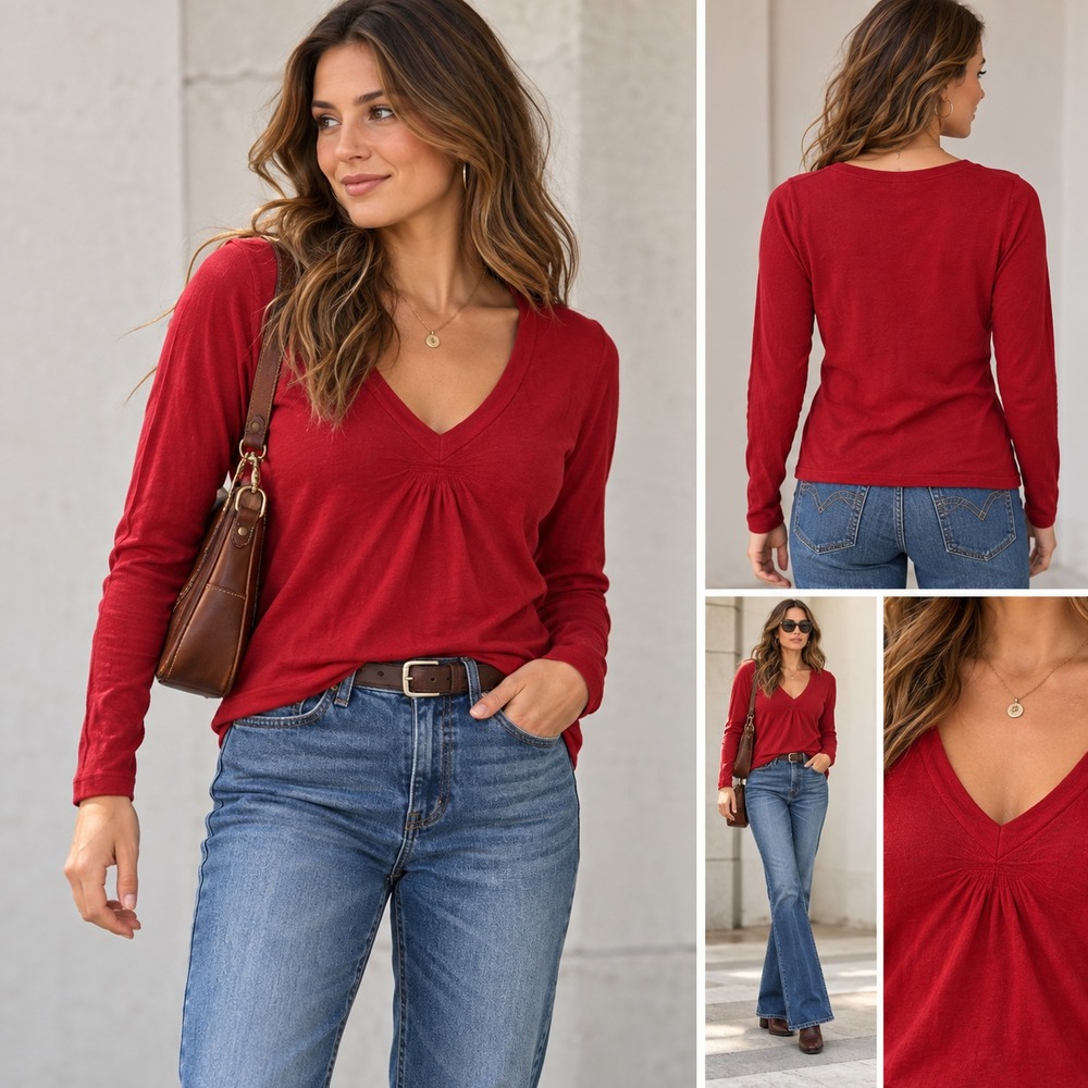 Vintage Talbots V-Neck Sweater Women's Medium Red Gathered Ruched Bust Fitted
